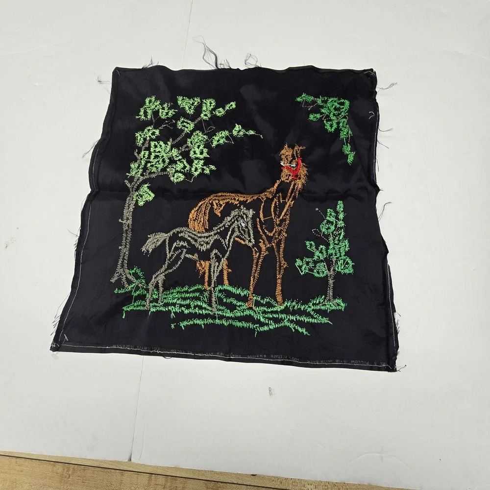 Vintage Victorian Embroidered Horse Embroidered Pillow Cover Blank Black Western